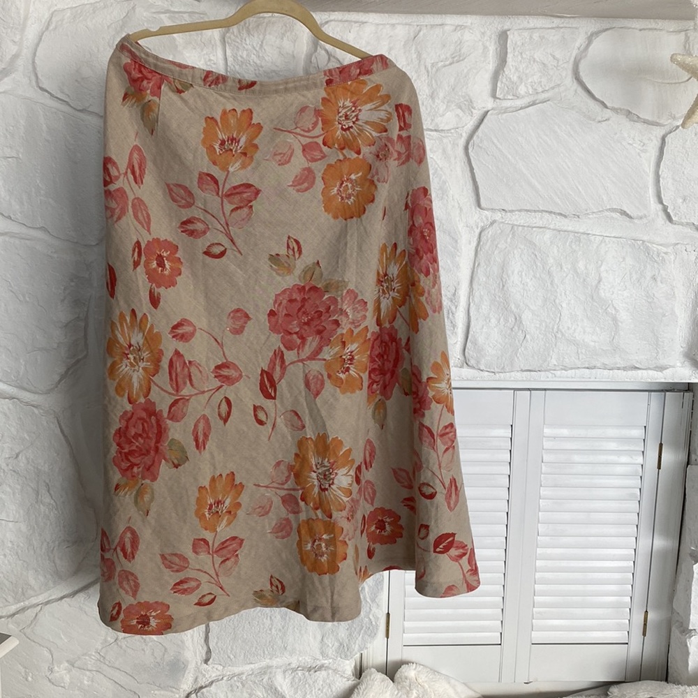 Eddie Bauer 100% linen wrap skirt midi pink &melon flowered tan pattern - Picture 2 of 12